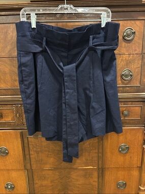 Boden Navy High Waist Linen Blend Paper Bag Shorts with Fabric Belt